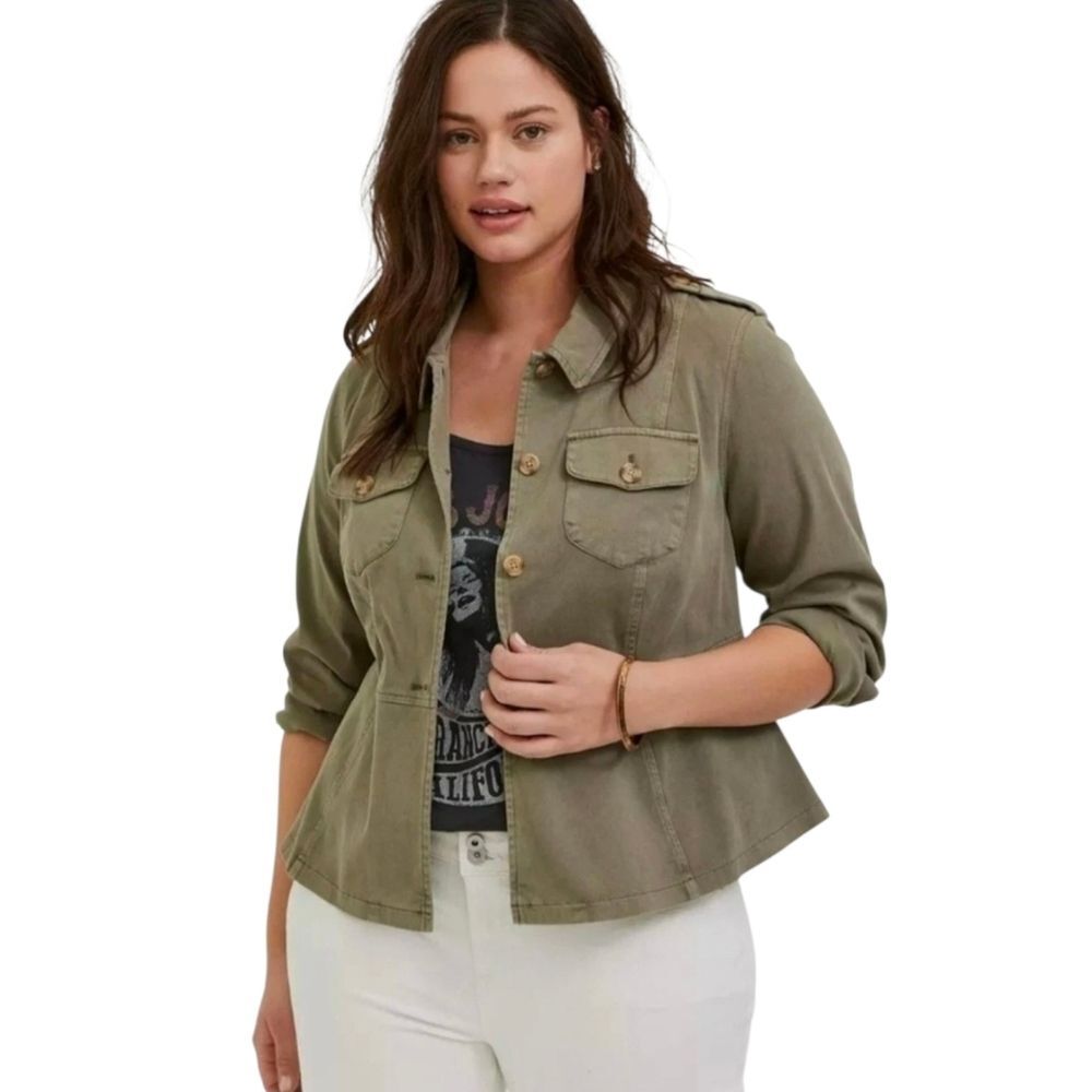 Torrid Olive Green Twill Peplum Utility Button-Up Jacket, Size 2 (2X)